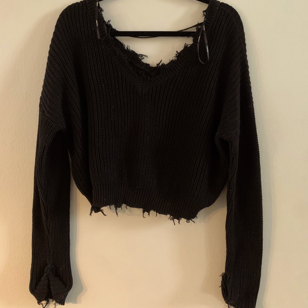 Distressed Off-The-Shoulder Sweater